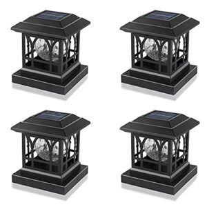 solar post cap lights outdoor fits 3.6×3.6 4×4 4.5×4.5 5×5 wooden fence deck patio garden, rgb & warm white 2 lighting mode, 20 lm 1000mah battery ip65 waterproof, abs shell glass lens, black (4 pack)