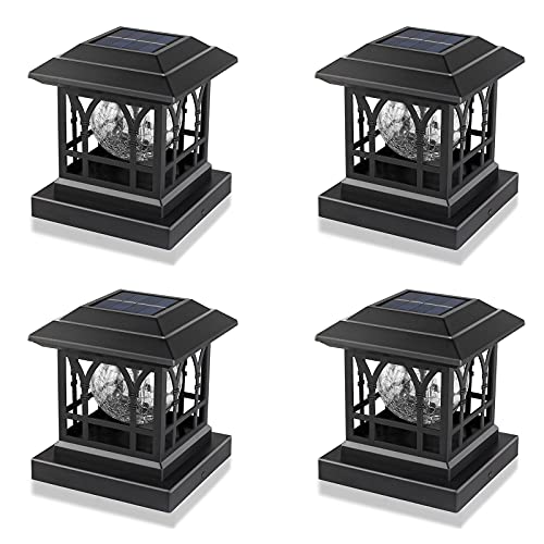 Solar Post Cap Lights Outdoor Fits 3.6x3.6 4x4 4.5x4.5 5x5 Wooden Fence Deck Patio Garden, RGB & Warm White 2 Lighting Mode, 20 LM 1000mAh Battery IP65 Waterproof, ABS Shell Glass Lens, Black (4 Pack)