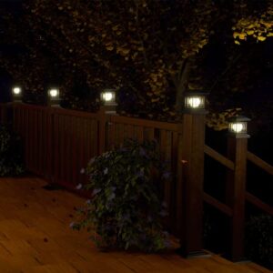 Solar Post Cap Lights Outdoor Fits 3.6x3.6 4x4 4.5x4.5 5x5 Wooden Fence Deck Patio Garden, RGB & Warm White 2 Lighting Mode, 20 LM 1000mAh Battery IP65 Waterproof, ABS Shell Glass Lens, Black (4 Pack)