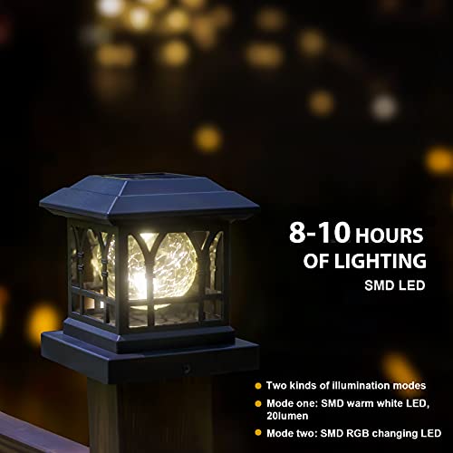 Solar Post Cap Lights Outdoor Fits 3.6x3.6 4x4 4.5x4.5 5x5 Wooden Fence Deck Patio Garden, RGB & Warm White 2 Lighting Mode, 20 LM 1000mAh Battery IP65 Waterproof, ABS Shell Glass Lens, Black (4 Pack)