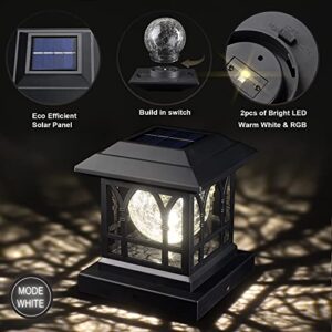 Solar Post Cap Lights Outdoor Fits 3.6x3.6 4x4 4.5x4.5 5x5 Wooden Fence Deck Patio Garden, RGB & Warm White 2 Lighting Mode, 20 LM 1000mAh Battery IP65 Waterproof, ABS Shell Glass Lens, Black (4 Pack)