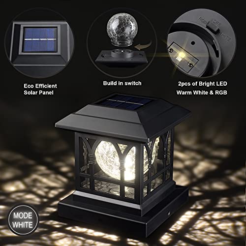 Solar Post Cap Lights Outdoor Fits 3.6x3.6 4x4 4.5x4.5 5x5 Wooden Fence Deck Patio Garden, RGB & Warm White 2 Lighting Mode, 20 LM 1000mAh Battery IP65 Waterproof, ABS Shell Glass Lens, Black (4 Pack)