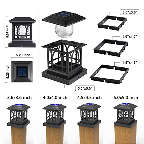 Solar Post Cap Lights Outdoor Fits 3.6x3.6 4x4 4.5x4.5 5x5 Wooden Fence Deck Patio Garden, RGB & Warm White 2 Lighting Mode, 20 LM 1000mAh Battery IP65 Waterproof, ABS Shell Glass Lens, Black (4 Pack)