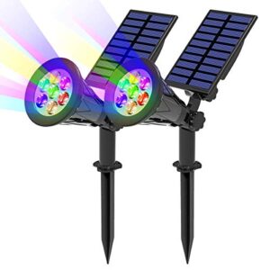 t-sun solar spotlights, color changing 7 led waterproof solar garden lights, auto on/off adjustable landscape spot lights, 2-in-1 solar wall lights for patio, yard, garden, driveway, pool area(2 pack)