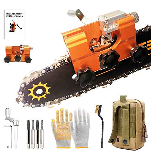 【Latest】Chainsaw Sharpener, Hand-Crank Chain Saw Sharpener Tool with 4 Pcs Carbide, Portable Chainsaw Chain Sharpening Jig Kit with Carrying Bag & Cleaning Wire Brush, for Lumberjack & Garden Worker