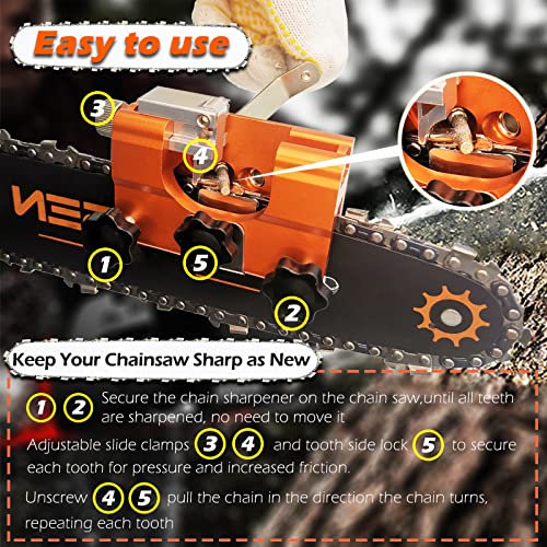 【Latest】Chainsaw Sharpener, Hand-Crank Chain Saw Sharpener Tool with 4 Pcs Carbide, Portable Chainsaw Chain Sharpening Jig Kit with Carrying Bag & Cleaning Wire Brush, for Lumberjack & Garden Worker