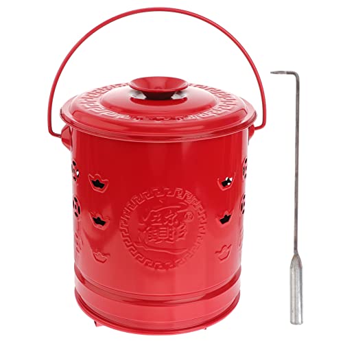 HEMOTON Metal Garden Incinerator Can, Stainless Steel Burn Barrel Incinerator Cage Barrel Fire Pit with Burning Tongs, Fire Bin Burning Leaves, Furnace Burning Bin for Yard Home Outdoor, Red