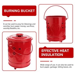 HEMOTON Metal Garden Incinerator Can, Stainless Steel Burn Barrel Incinerator Cage Barrel Fire Pit with Burning Tongs, Fire Bin Burning Leaves, Furnace Burning Bin for Yard Home Outdoor, Red