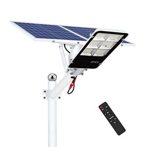werise 500w solar street lights outdoor, dusk to dawn solar led outdoor light with remote control, 6500k daylight white security led flood light for yard, garden, street, playground