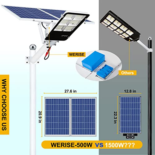 WERISE 500W Solar Street Lights Outdoor, Dusk to Dawn Solar Led Outdoor Light with Remote Control, 6500K Daylight White Security Led Flood Light for Yard, Garden, Street, Playground