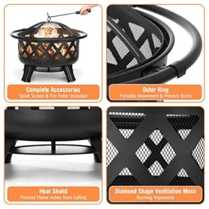 JAHH 30inch BBQ Grill Fire Pits Outdoor Wood Burning Fire Pit Stove Garden Patio Wood Log Barbecue Grill Net Set Cooking Tools