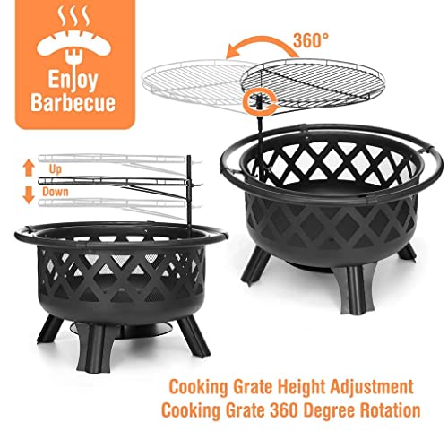 JAHH 30inch BBQ Grill Fire Pits Outdoor Wood Burning Fire Pit Stove Garden Patio Wood Log Barbecue Grill Net Set Cooking Tools