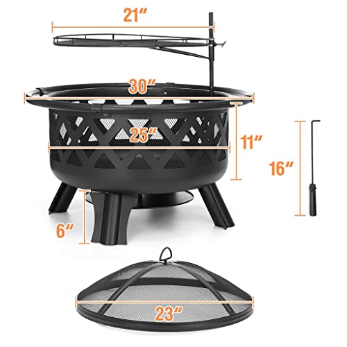 JAHH 30inch BBQ Grill Fire Pits Outdoor Wood Burning Fire Pit Stove Garden Patio Wood Log Barbecue Grill Net Set Cooking Tools