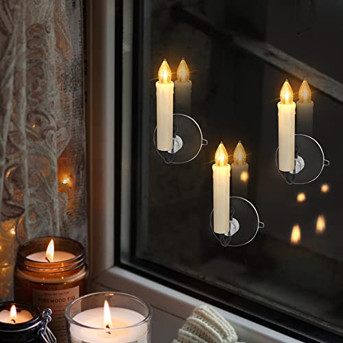 FPOO 12 PCS Flameless Flickering Window Candles with Timer & Remote, Battery Operated LED Taper Christmas Tree Candles Lights with Clips and Suction Cups for Home, Garden, Holiday Decorations