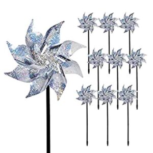 10 pcs reflective pinwheels with stakes, extra sparkly pin wheel for garden yard decor, bird and animal deterrent device to scare birds away from patio farm