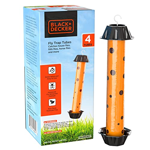 BLACK+DECKER Fly Traps Outdoor & Fly Trap Tubes for Indoors- Hanging Fly Sticky Trap Sticks for Catching House Flies, Horse Flies, Gnats, Mosquitoes & Other Insects- Pre-Baited, 4 Pack