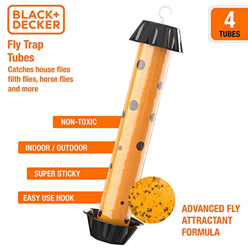 BLACK+DECKER Fly Traps Outdoor & Fly Trap Tubes for Indoors- Hanging Fly Sticky Trap Sticks for Catching House Flies, Horse Flies, Gnats, Mosquitoes & Other Insects- Pre-Baited, 4 Pack