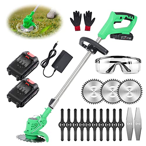 TRUNYAQI String Trimmer Cordless Grass Trimmer Electric Edger Battery Powered Lawn Mower Weed Brush Cutter Kit for Garden, Lawn, Trimming (Green)