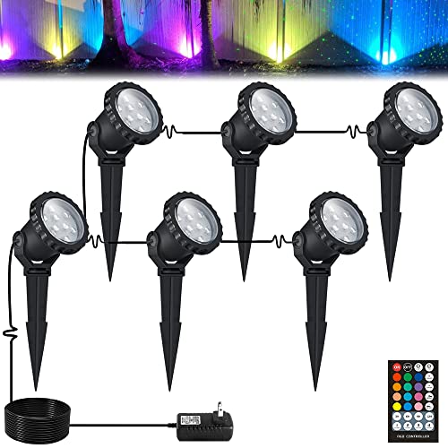 COVOART Color Changing LED Landscape Lights 18W Landscape Lighting IP66 Waterproof LED Garden Pathway Lights Walls Trees Outdoor Spotlights with Spike Stand, Outdoor Landscaping Lights, 6 Pack