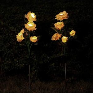 hdnicezm solar garden lights outdoor decorative – 2 pack upgraded realistic 5 rose flowers lights led solar stake lights waterproof for garden backyard patio pathway courtyard decoration (yellow)