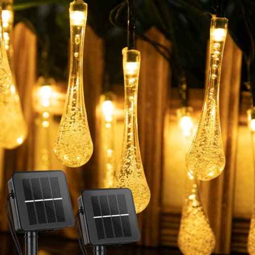 Solar String Lights Outdoor Waterproof, 2 Pack 80 LED 52 FT Total Solar Water Drop Lights with 8 Lighting Modes, Solar Powered Patio Lights for Garden Wedding Party Decor, Warm White