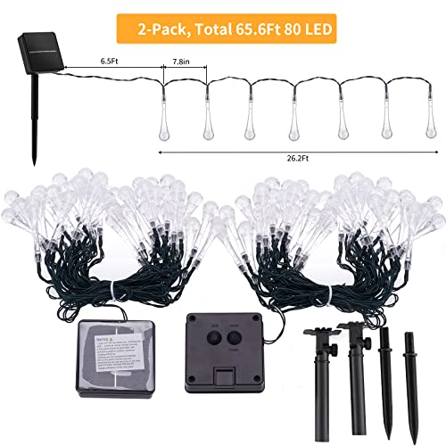 Solar String Lights Outdoor Waterproof, 2 Pack 80 LED 52 FT Total Solar Water Drop Lights with 8 Lighting Modes, Solar Powered Patio Lights for Garden Wedding Party Decor, Warm White