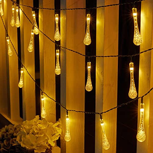 Solar String Lights Outdoor Waterproof, 2 Pack 80 LED 52 FT Total Solar Water Drop Lights with 8 Lighting Modes, Solar Powered Patio Lights for Garden Wedding Party Decor, Warm White