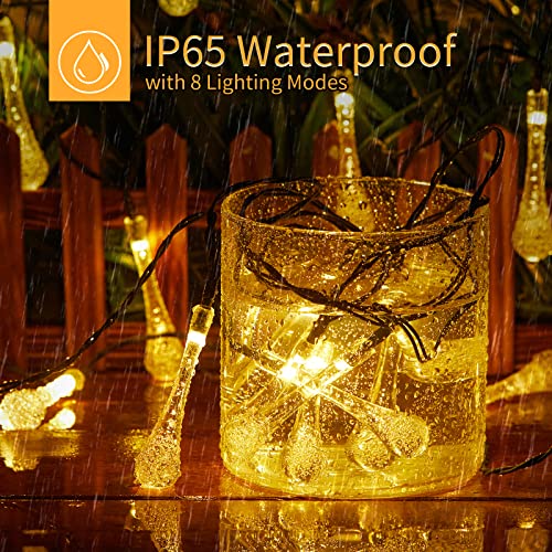 Solar String Lights Outdoor Waterproof, 2 Pack 80 LED 52 FT Total Solar Water Drop Lights with 8 Lighting Modes, Solar Powered Patio Lights for Garden Wedding Party Decor, Warm White