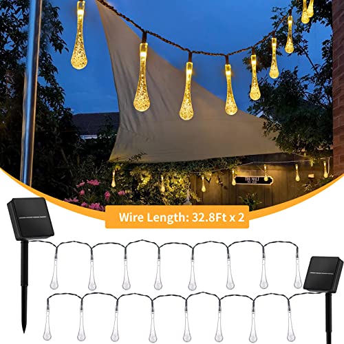 Solar String Lights Outdoor Waterproof, 2 Pack 80 LED 52 FT Total Solar Water Drop Lights with 8 Lighting Modes, Solar Powered Patio Lights for Garden Wedding Party Decor, Warm White