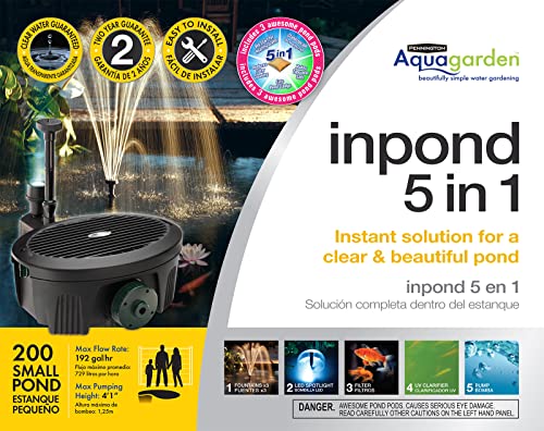 Pennington Aquagarden , Inpond 5 in 1, Pond & Water Pump, Filter, UV Clarifier, LED Spotlight and Fountain , All in One solution for a Clean, Clear and Beautiful pond , For Ponds up to 200 Gallons