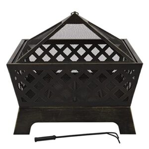 JAHH Fire Pit Garden Fire Pits with Heat-Resistant Coating Iron Tabletop Outdoor Wood Burning with Spark Screen Cover and Poker