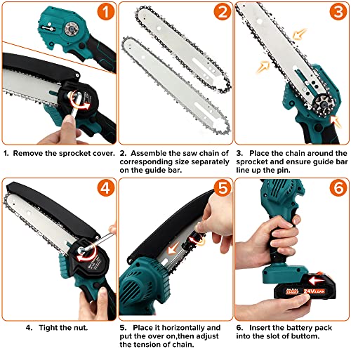 Mini Chainsaw Cordless 6 Inch/8 Inch Handheld Chainsaw- 24V Hand Saw Battery Powered, Pruning Saw for Tree Branches, Courtyard, Household, Garden, Wood Cutting Tree Trimming（2 Batteries+ 4 Chains）