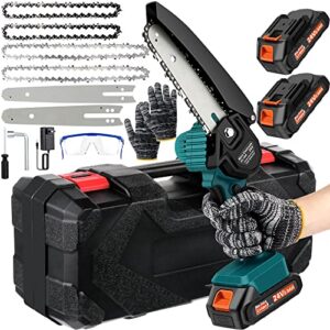 mini chainsaw cordless 6 inch/8 inch handheld chainsaw- 24v hand saw battery powered, pruning saw for tree branches, courtyard, household, garden, wood cutting tree trimming（2 batteries+ 4 chains）