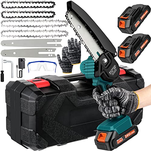 Mini Chainsaw Cordless 6 Inch/8 Inch Handheld Chainsaw- 24V Hand Saw Battery Powered, Pruning Saw for Tree Branches, Courtyard, Household, Garden, Wood Cutting Tree Trimming（2 Batteries+ 4 Chains）