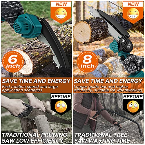 Mini Chainsaw Cordless 6 Inch/8 Inch Handheld Chainsaw- 24V Hand Saw Battery Powered, Pruning Saw for Tree Branches, Courtyard, Household, Garden, Wood Cutting Tree Trimming（2 Batteries+ 4 Chains）