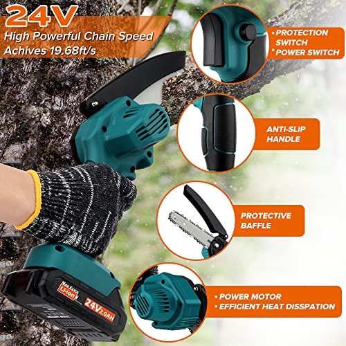 Mini Chainsaw Cordless 6 Inch/8 Inch Handheld Chainsaw- 24V Hand Saw Battery Powered, Pruning Saw for Tree Branches, Courtyard, Household, Garden, Wood Cutting Tree Trimming（2 Batteries+ 4 Chains）