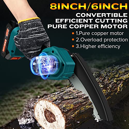 Mini Chainsaw Cordless 6 Inch/8 Inch Handheld Chainsaw- 24V Hand Saw Battery Powered, Pruning Saw for Tree Branches, Courtyard, Household, Garden, Wood Cutting Tree Trimming（2 Batteries+ 4 Chains）