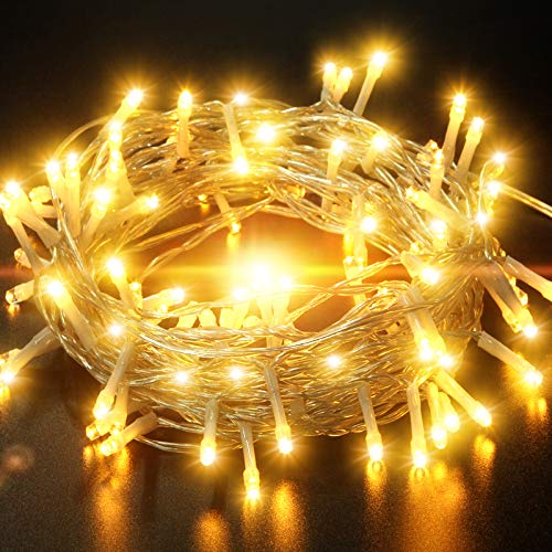 33FT 100 LED Battery Operated String Lights, IP65 Waterproof Outdoor Fairy Lights with 8 Lighting Modes, Timer and Memory Program Perfect for Christmas Wedding Party Bedroom Garden Patio - Warm White