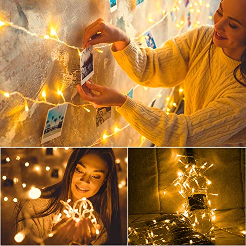 33FT 100 LED Battery Operated String Lights, IP65 Waterproof Outdoor Fairy Lights with 8 Lighting Modes, Timer and Memory Program Perfect for Christmas Wedding Party Bedroom Garden Patio - Warm White