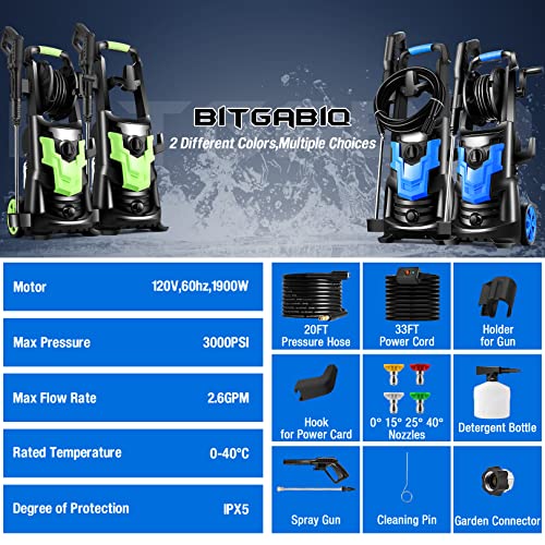 Power Washer, 3000PSI Pressure Washer 2.6GPM 1900W Electric High Pressure Washer Professional Car Washer Cleaner Machine with Hose,4 Nozzles for Patio Garden Yard Vehicle