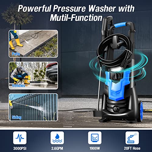 Power Washer, 3000PSI Pressure Washer 2.6GPM 1900W Electric High Pressure Washer Professional Car Washer Cleaner Machine with Hose,4 Nozzles for Patio Garden Yard Vehicle