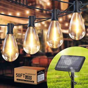 tjoy solar string lights outdoor patio lights, 50ft solar powered waterproof string lights, 2700k warm white hanging lights with 12pcs shatterproof s14 e12 bulbs for patio, backyard, porch, outdoors
