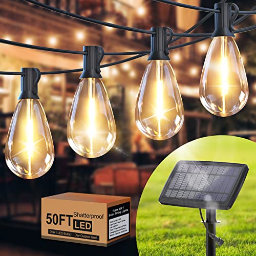 TJOY Solar String Lights Outdoor Patio Lights, 50ft Solar Powered Waterproof String Lights, 2700K Warm White Hanging Lights with 12pcs Shatterproof S14 E12 Bulbs for Patio, Backyard, Porch, Outdoors