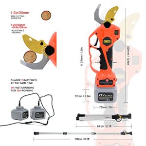 Cordless Pruning Shears, Electric Pruner with 7.5 Foot High Reach Extension Pole, Tool Belt, 2 Pack 21V Lithium Battery, Titanium Plated SK5 Blades, 1.2 Inch Cutting Diameter, LCD Display Screen