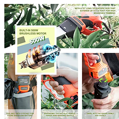 Cordless Pruning Shears, Electric Pruner with 7.5 Foot High Reach Extension Pole, Tool Belt, 2 Pack 21V Lithium Battery, Titanium Plated SK5 Blades, 1.2 Inch Cutting Diameter, LCD Display Screen