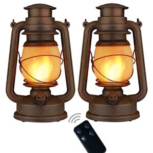2 pack led vintage camping lantern decorative, outdoor lanterns for patio waterproof with remote, battery operated lantern flickering flame with two modes for garden party christmas decorations