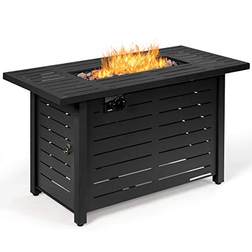 Giantex Propane Fire Pit Table, 42 Inch 60,000 BTU Rectangular Gas Fire Table w/ Waterproof Cover, Outdoor Electronic Ignition Firepit Table w/ Lava Rock for Courtyard Balcony Garden Terrace