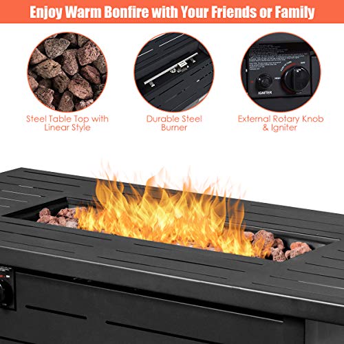 Giantex Propane Fire Pit Table, 42 Inch 60,000 BTU Rectangular Gas Fire Table w/ Waterproof Cover, Outdoor Electronic Ignition Firepit Table w/ Lava Rock for Courtyard Balcony Garden Terrace