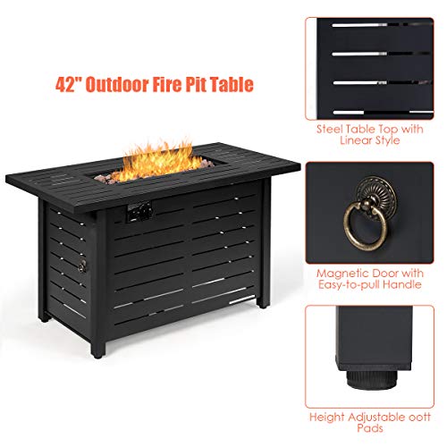 Giantex Propane Fire Pit Table, 42 Inch 60,000 BTU Rectangular Gas Fire Table w/ Waterproof Cover, Outdoor Electronic Ignition Firepit Table w/ Lava Rock for Courtyard Balcony Garden Terrace