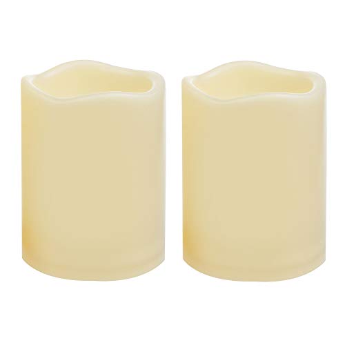 CANDLE CHOICE Waterproof Outdoor Battery Operated Flameless Candles with Timer Flickering Plastic Resin Electric LED Pillar Lights for Lantern Patio Garden Wedding Party Decorations 3x4 Inches 2 Pack